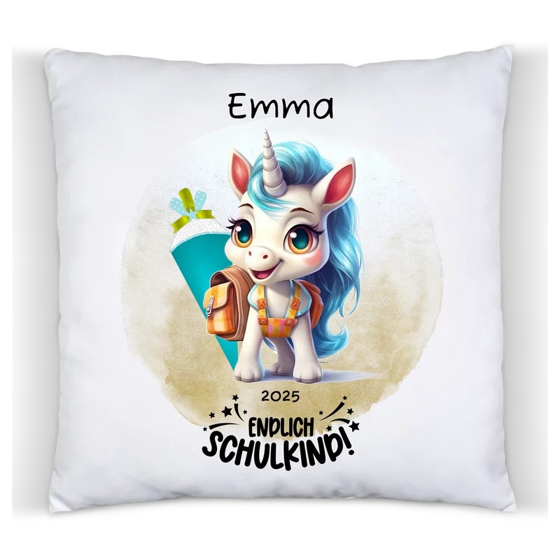 Schulkind 2026 | Einschulung Geschenk Tasse Becher Kissen Einhorn Mädchen personalisiert | Einschulungsgeschenk | Schulbeginn 1. Klasse