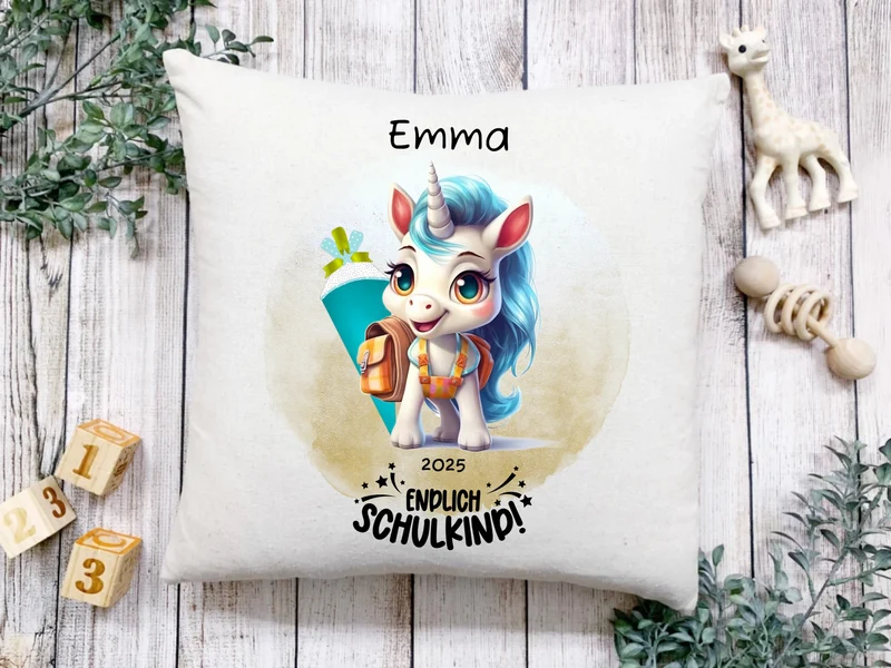 Schulkind 2026 | Einschulung Geschenk Tasse Becher Kissen Einhorn Mädchen personalisiert | Einschulungsgeschenk | Schulbeginn 1. Klasse
