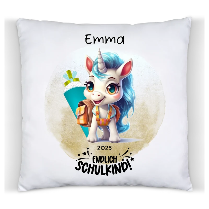 Schulkind 2026 | Einschulung Geschenk Tasse Becher Kissen Einhorn Mädchen personalisiert | Einschulungsgeschenk | Schulbeginn 1. Klasse