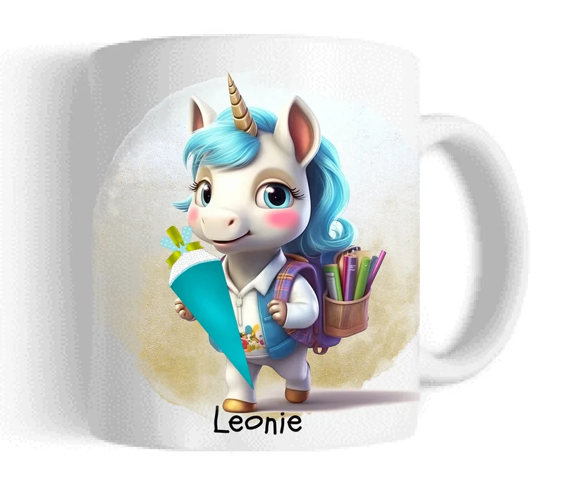 Schulkind 2026 | Einschulung Geschenk Kinder Tasse Becher Kissen Einhorn Mädchen personalisiert | Einschulungsgeschenk | Schulbeginn 1. Klasse