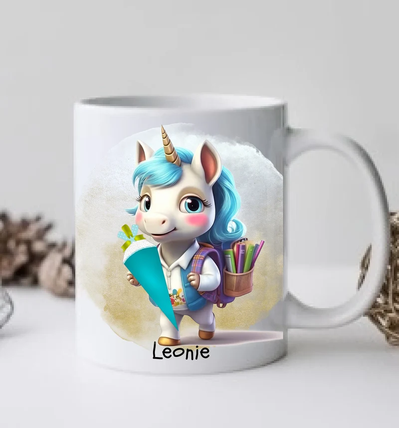 Schulkind 2026 | Einschulung Geschenk Kinder Tasse Becher Kissen Einhorn Mädchen personalisiert | Einschulungsgeschenk | Schulbeginn 1. Klasse