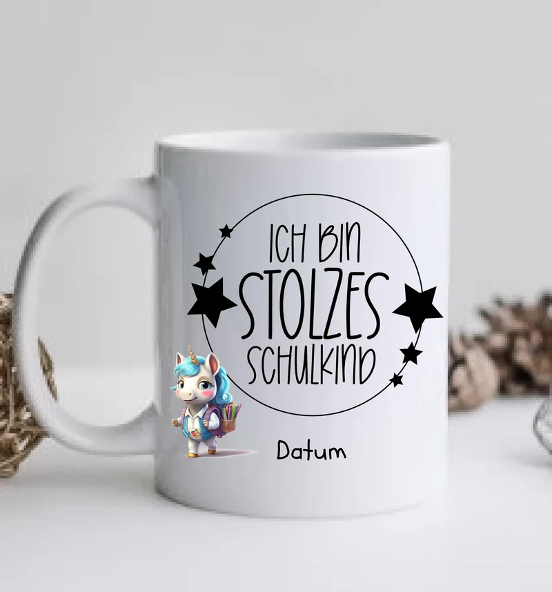 Schulkind 2026 | Einschulung Geschenk Kinder Tasse Becher Kissen Einhorn Mädchen personalisiert | Einschulungsgeschenk | Schulbeginn 1. Klasse