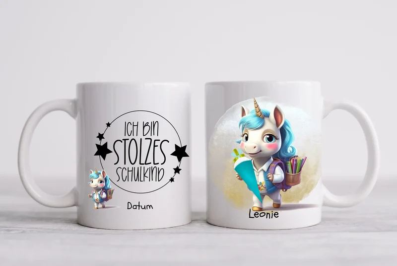 Schulkind 2026 | Einschulung Geschenk Kinder Tasse Becher Kissen Einhorn Mädchen personalisiert | Einschulungsgeschenk | Schulbeginn 1. Klasse