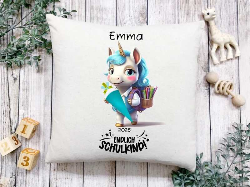 Schulkind 2026 | Einschulung Geschenk Kinder Tasse Becher Kissen Einhorn Mädchen personalisiert | Einschulungsgeschenk | Schulbeginn 1. Klasse