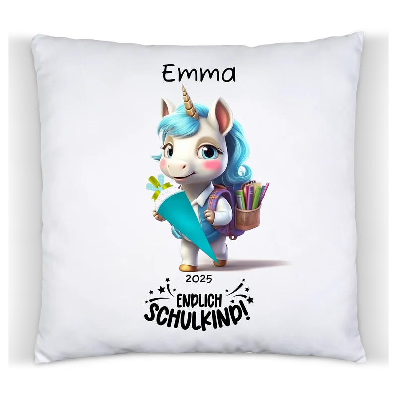 Schulkind 2026 | Einschulung Geschenk Kinder Tasse Becher Kissen Einhorn Mädchen personalisiert | Einschulungsgeschenk | Schulbeginn 1. Klasse