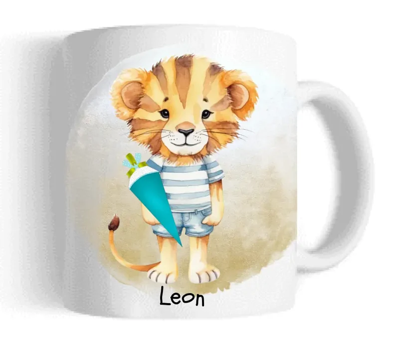 Schulkind 2026 | Einschulung Geschenk Kindertasse Becher Kissen Löwe für Junge & Mädchen personalisiert | Einschulungsgeschenk | Schulbeginn 1. Klasse