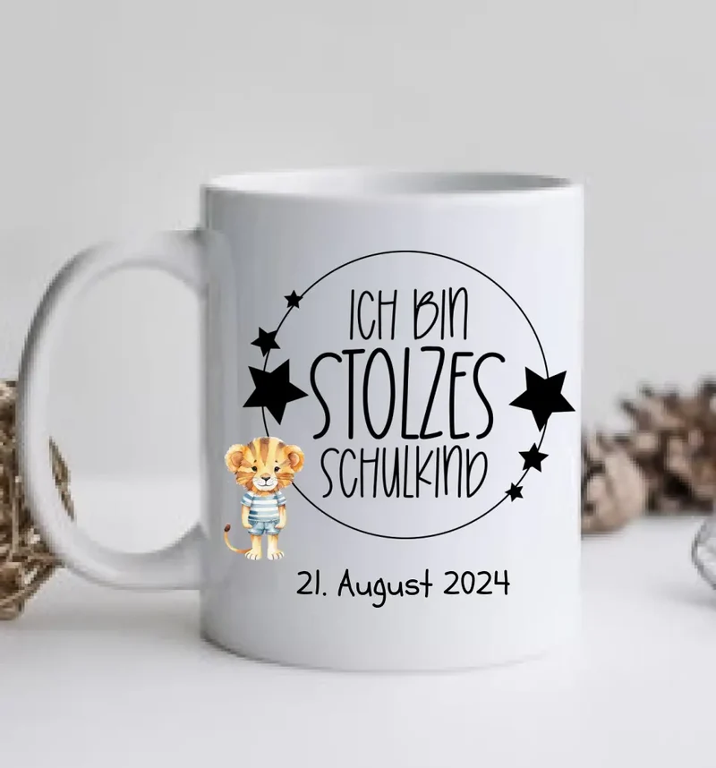 Schulkind 2026 | Einschulung Geschenk Kindertasse Becher Kissen Löwe für Junge & Mädchen personalisiert | Einschulungsgeschenk | Schulbeginn 1. Klasse