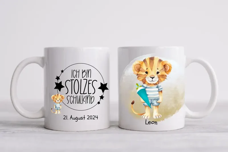 Schulkind 2026 | Einschulung Geschenk Kindertasse Becher Kissen Löwe für Junge & Mädchen personalisiert | Einschulungsgeschenk | Schulbeginn 1. Klasse
