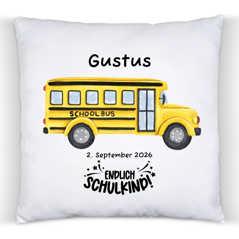 Personalisiertes Kissen zur Einschulung mit Füllung – Schulbus