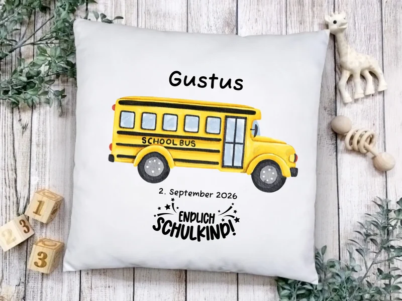 Personalisiertes Kissen zur Einschulung mit Füllung – Schulbus