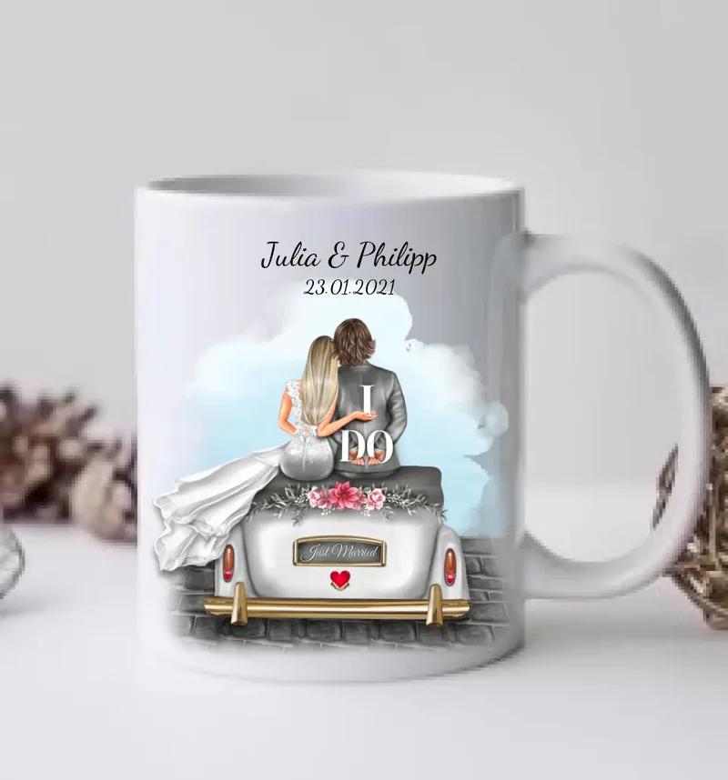 Personalisiertes Tasse Hochzeitsgeschenk mit Hochzeitsauto, Kaffeebecher