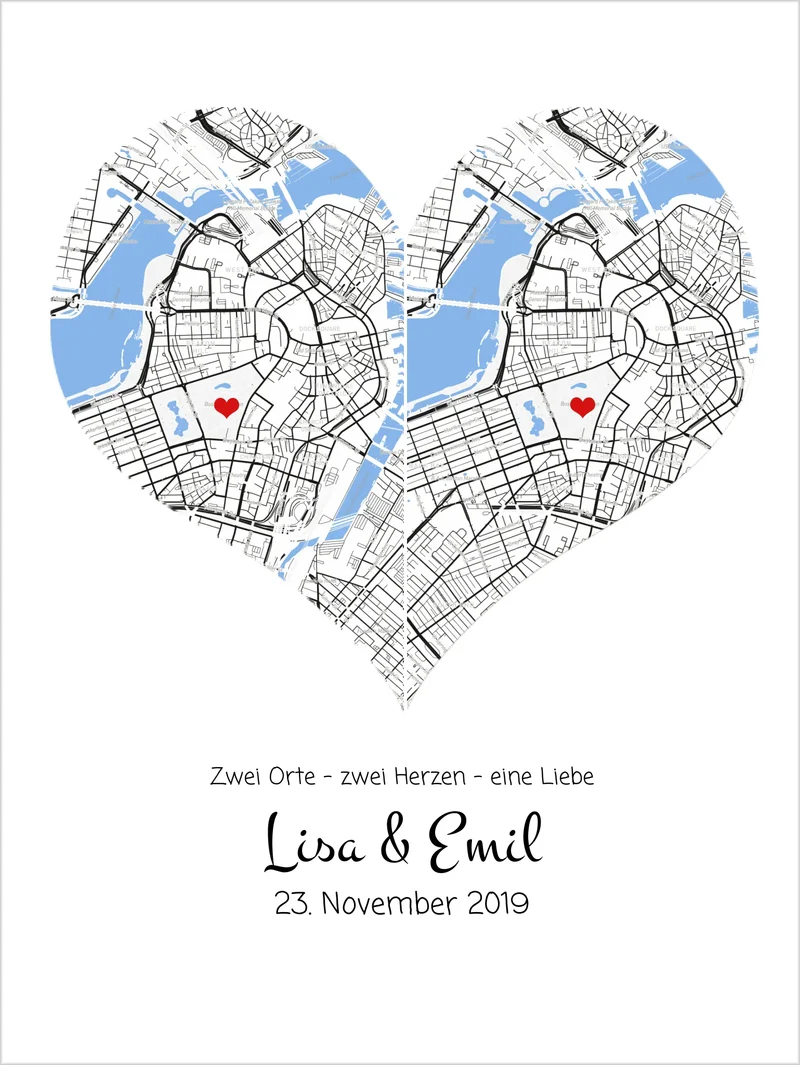 Personalisiertes Hochzeitsgeschenk Poster "Herz Koordinaten" im Stadtkarten & Stadtposter Design mit Namen & Datum | Koordinaten Bild