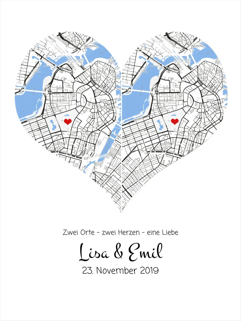 Personalisiertes Hochzeitsgeschenk Poster "Herz Koordinaten" im Stadtkarten & Stadtposter Design mit Namen & Datum | Koordinaten Bild
