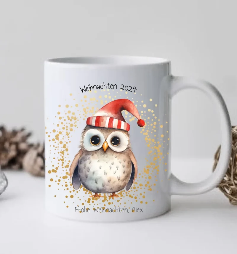 Geschenk Nikolaus, Weihnachten personalisiert - Kindertasse, Kinderbecher, Kinderteller - Nikolaustasse, Weihnachtstasse - Eule