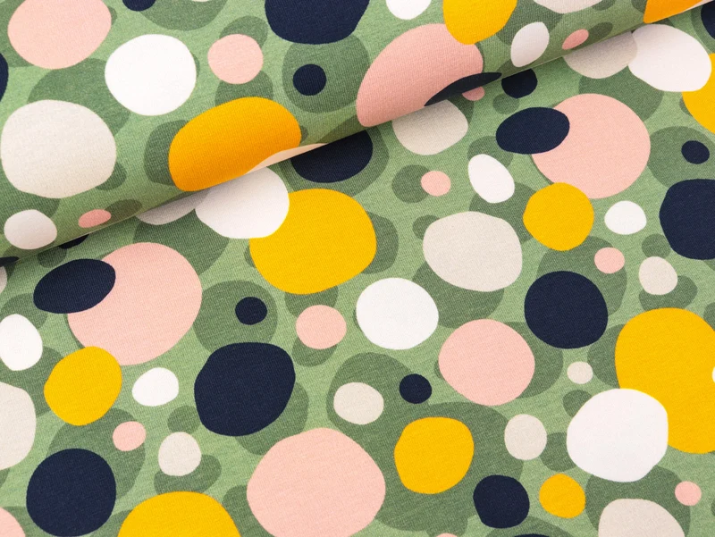 Reststück 49cm - Baumwolljersey Smilla Bunte Dots auf Hellgrün