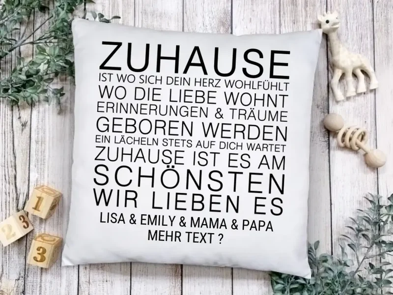 "ZUHAUSE" Personalisiertes Sprüche-Kissen mit Namen – Geschenk für Familie, Geburtstagsgeschenk & Weihnachtsgeschenk | Zeitraum-Kunstdrucke
