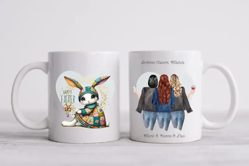 Beste Freundin Tasse als personalisiertes Ostergeschenk mit 3 Freundinnen und Osterhase auf der Rückseite