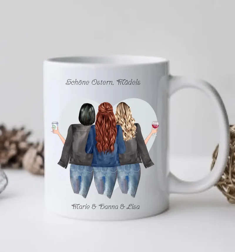 Beste Freundin Tasse als personalisiertes Ostergeschenk mit 3 Freundinnen und Osterhase auf der Rückseite