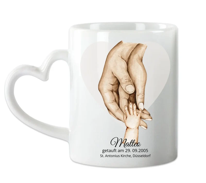 Taufgeschenk mit Namen und Datum | Tasse / Teller / Poster | Personalisiertes Babygeschenk | Geschenk zur Taufe | Geburtsgeschenk | Hände