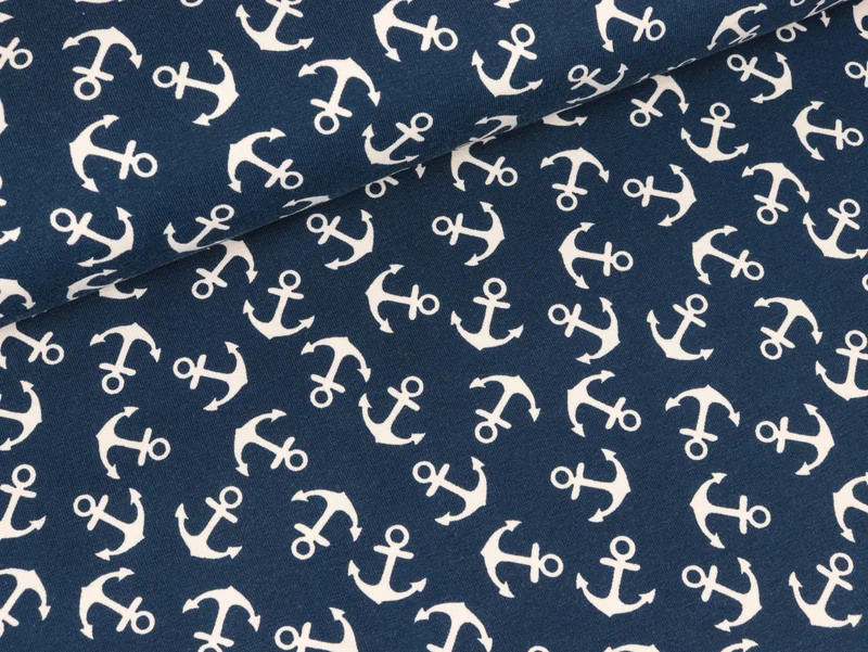Baumwolljersey Verena Anker weiß auf Jeansblau
