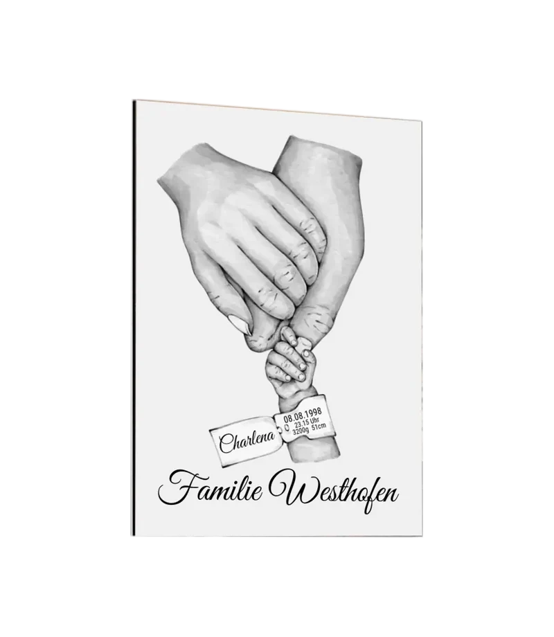 Geburtsanzeige Baby Hand Poster | Namen und Datum | Personalisiertes Familiengeschenk als Familienposter | Geschenk Geburt Hände Motiv