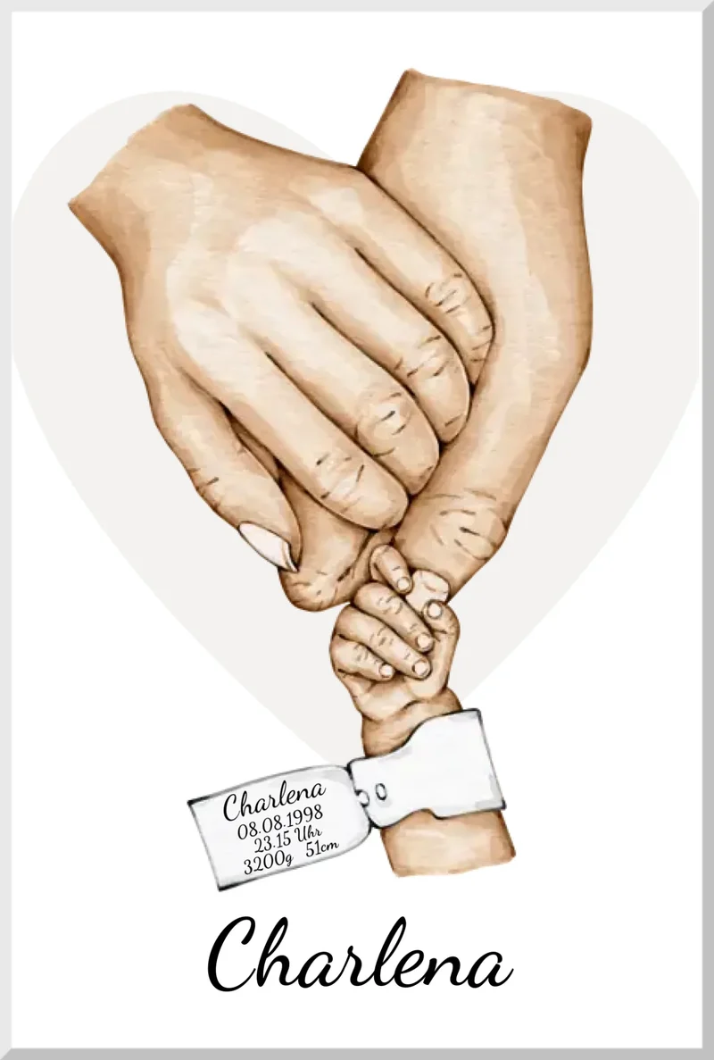 Personalisiertes Baby-Bild zur Geburt & Taufe – Geburtsanzeige mit Händen, Namen & Datum