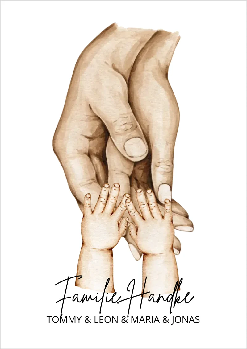 Personalisiertes Geburtsgeschenk Zwillinge | Familiengeschenk Familienposter | Geschenk Geburt mit Hände Motiv | Namen