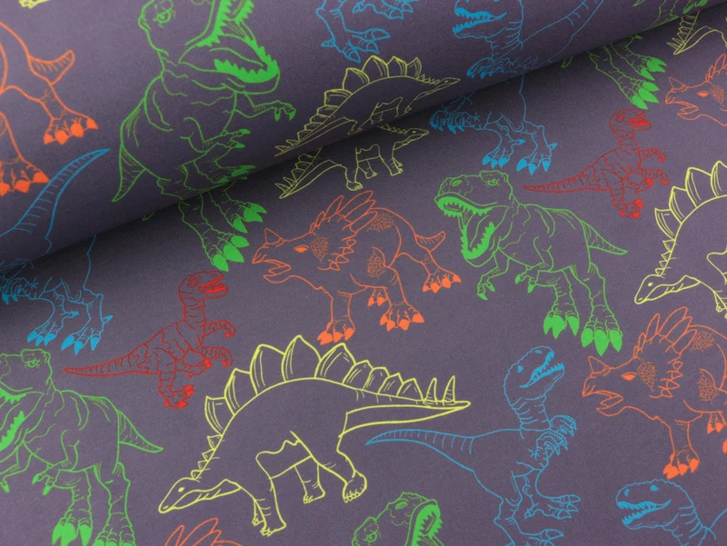 Reststück 34cm - Softshell Fiete Bunte Dinosaurier auf Dunkelgrau