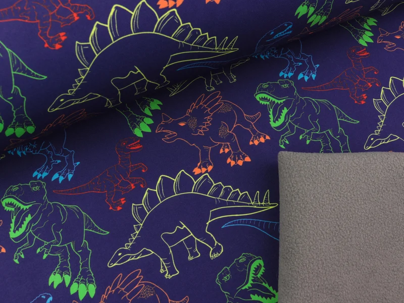 Reststück 35cm - Softshell Fiete Bunte Dinosaurier auf Dunkelblau
