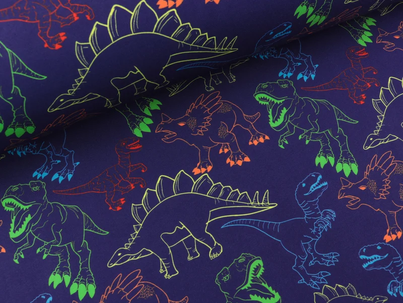 Reststück 35cm - Softshell Fiete Bunte Dinosaurier auf Dunkelblau