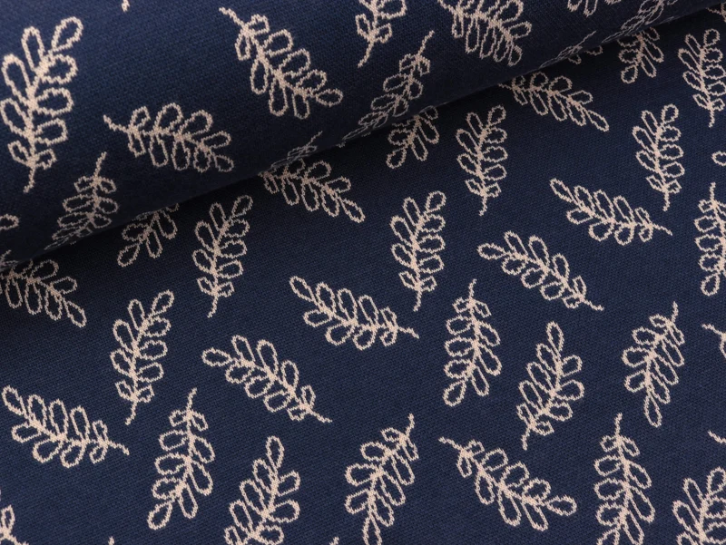 Reststück 42cm - Jacquard Jersey Cozy Zweige creme auf Tiefblau by Lycklig Design