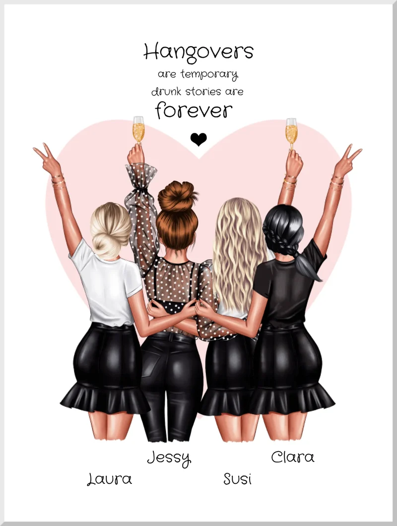 4 beste Freundinnen "hangovers" Personalisiertes Geschenk Poster- Freundinnen Bild