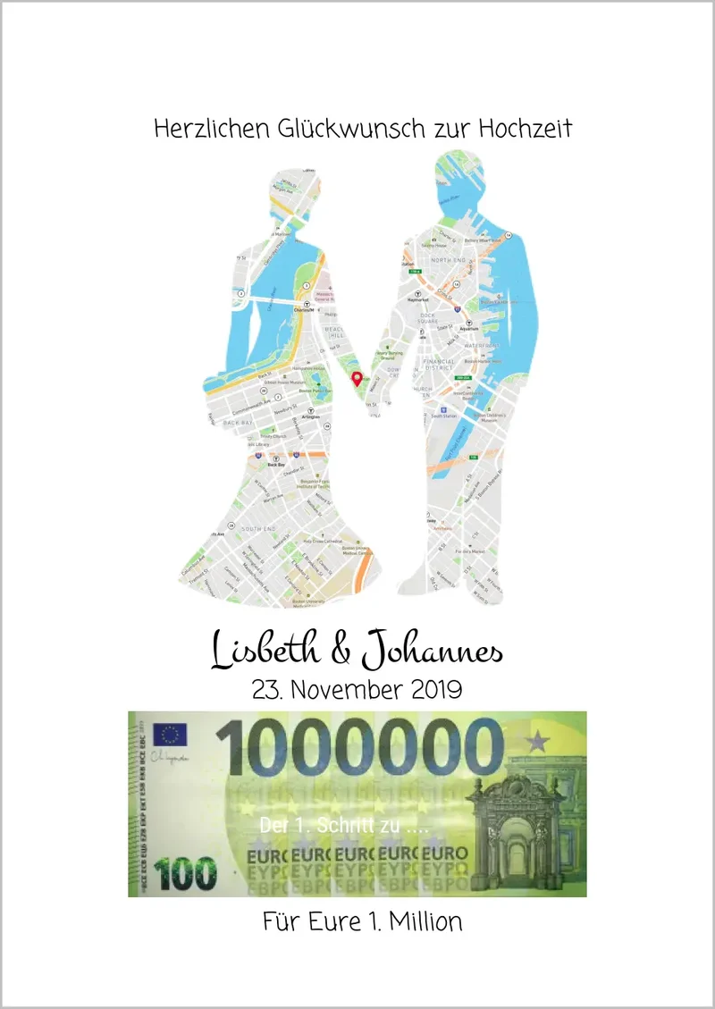 Personalisiertes Geldgeschenk zur Hochzeit - Hochzeitsgeschenk Für Eure 1. Million Standortkarte