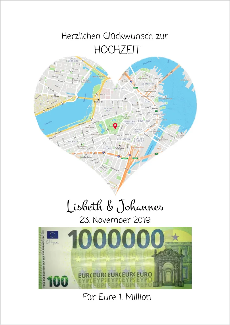Personalisiertes Geldgeschenk zur Hochzeit mit Herzmotiv