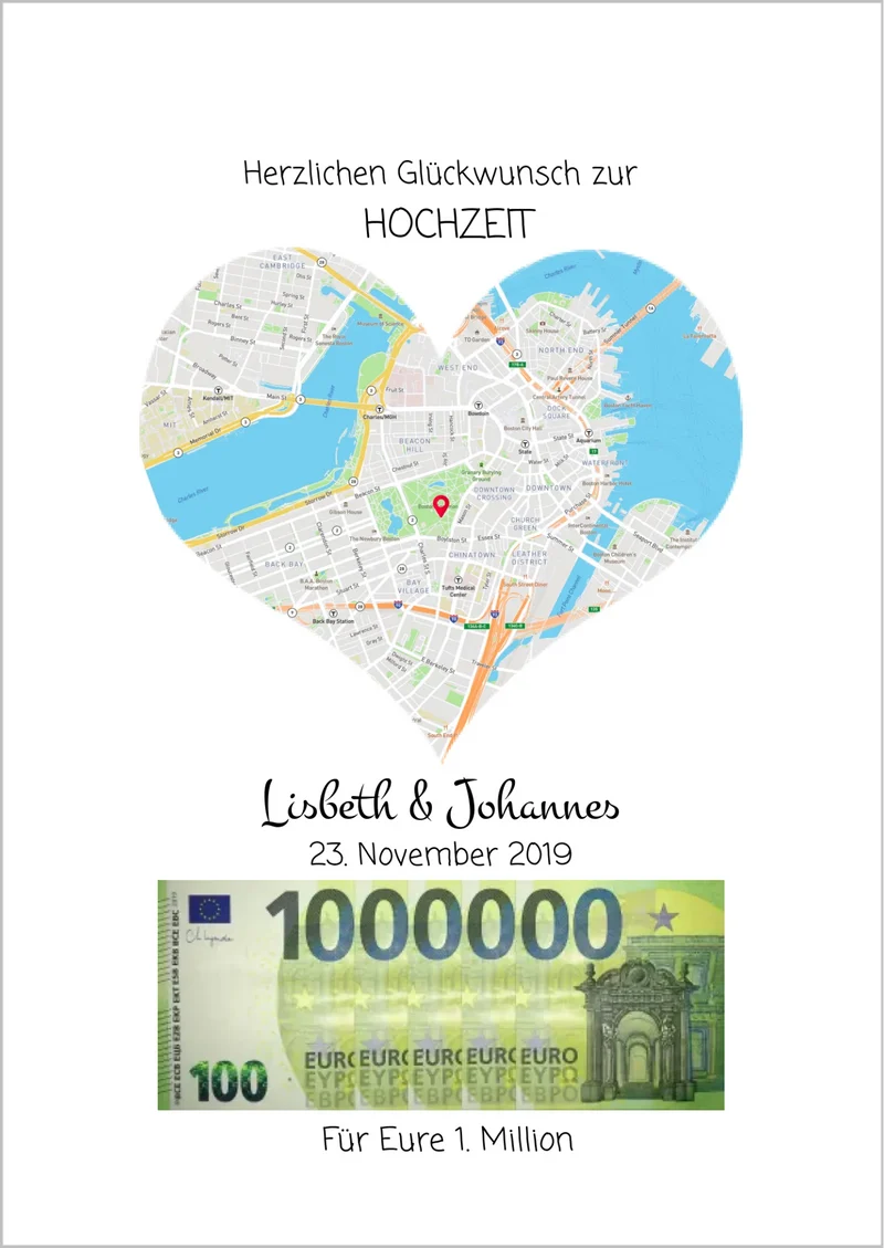 Personalisiertes Geldgeschenk zur Hochzeit mit Herzmotiv