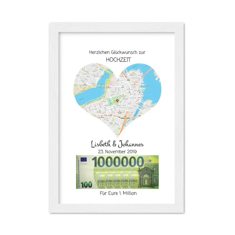 Personalisiertes Geldgeschenk zur Hochzeit mit Herzmotiv
