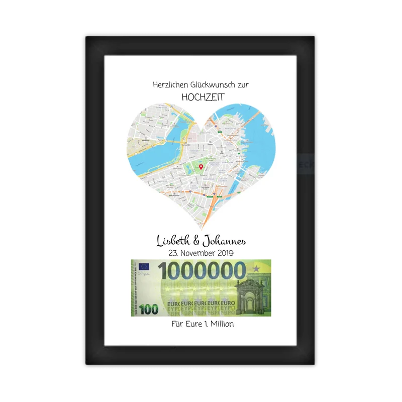 Personalisiertes Geldgeschenk zur Hochzeit mit Herzmotiv