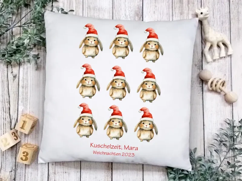 Weihnachtsgeschenk personalisiertes Geschenk kuscheliges Kissen mit Tannen Waldtieren für Kinder mit Namen und Wunschtext Häschen