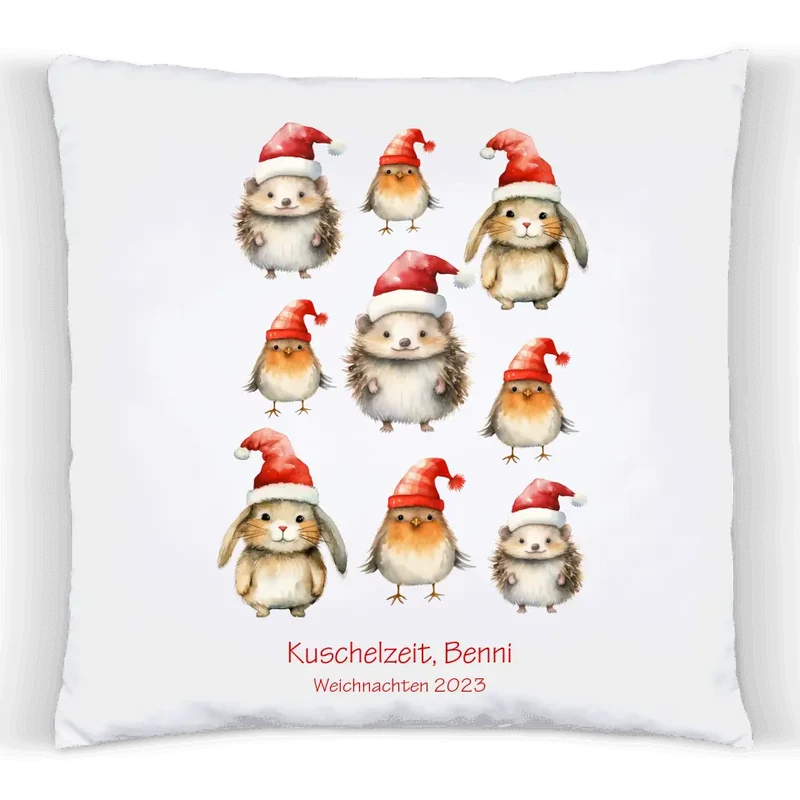 Weihnachtsgeschenk personalisiertes Geschenk kuscheliges Kissen mit Tannen Waldtieren für Kinder mit Namen und Wunschtext 3 Waldtiere