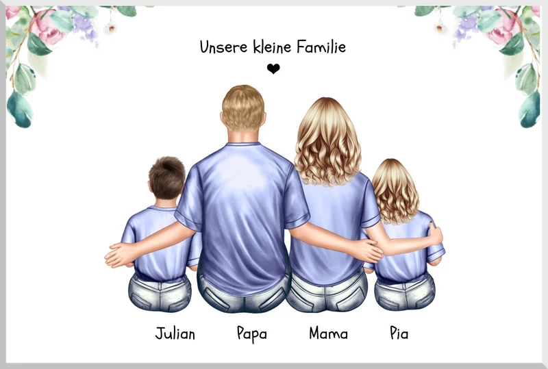 Familienbild mit 2-3 Kindern, Mama & Papa - personalisiertes Weihnachtsgeschenk - Geburtstagsgeschenk