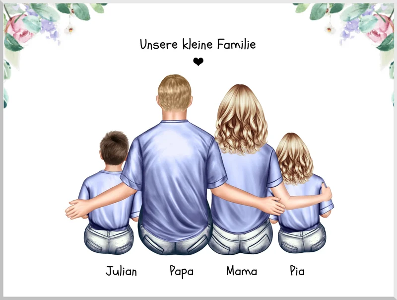 Familienbild mit 2-3 Kindern, Mama & Papa - personalisiertes Weihnachtsgeschenk - Geburtstagsgeschenk