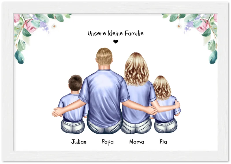 Familienbild mit 2-3 Kindern, Mama & Papa - personalisiertes Weihnachtsgeschenk - Geburtstagsgeschenk