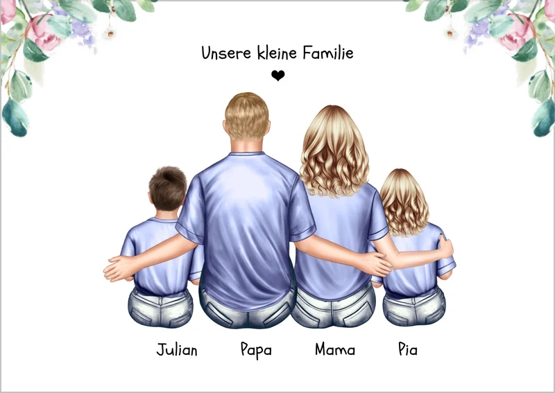 Familienbild mit 2-3 Kindern, Mama & Papa - personalisiertes Weihnachtsgeschenk - Geburtstagsgeschenk