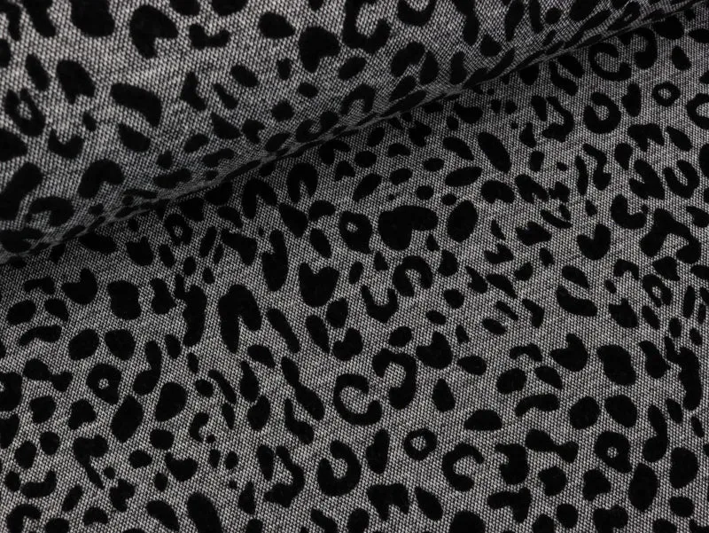 Reststück 30cm - Heavy Jacquard Jersey Flock Leoprint schwarz auf grau meliert