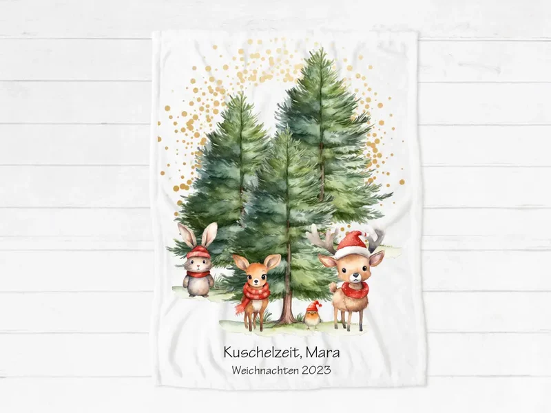 Personalisierte Kinderdecke kuschelige Weihnachtsdecke als Weihnachtsgeschenk für Babys und Kleinkinder Babydecke, Tannen Waldtiere