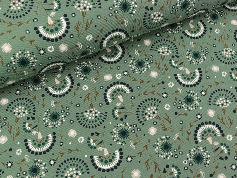 Reststück 22cm - Baumwolljersey Print Graphics bunt auf Dusty mint