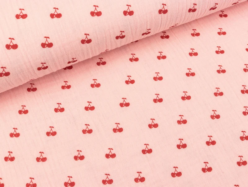 Reststück 24cm - Baumwoll Double Gauze Cherry Pop Kirschen rot auf Rosa