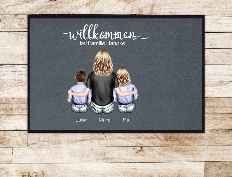 Personalisierte Deko Fußmatte Geschenk Mutter mit 2 Kindern Jungen oder Mädchen | Einzugsgeschenk