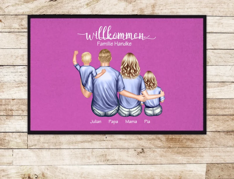Geschenk Familie | Personalisierte Fußmatte Familie Mama | Papa, 2 Kindern, Baby mit Name | Dekofußmatte