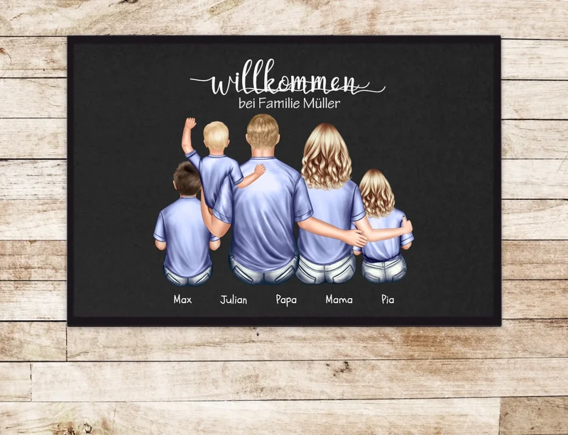 Geschenk Familie | Personalisierte Fußmatte Familie Mama | Papa, 3 Kindern mit Name | Dekofußmatte